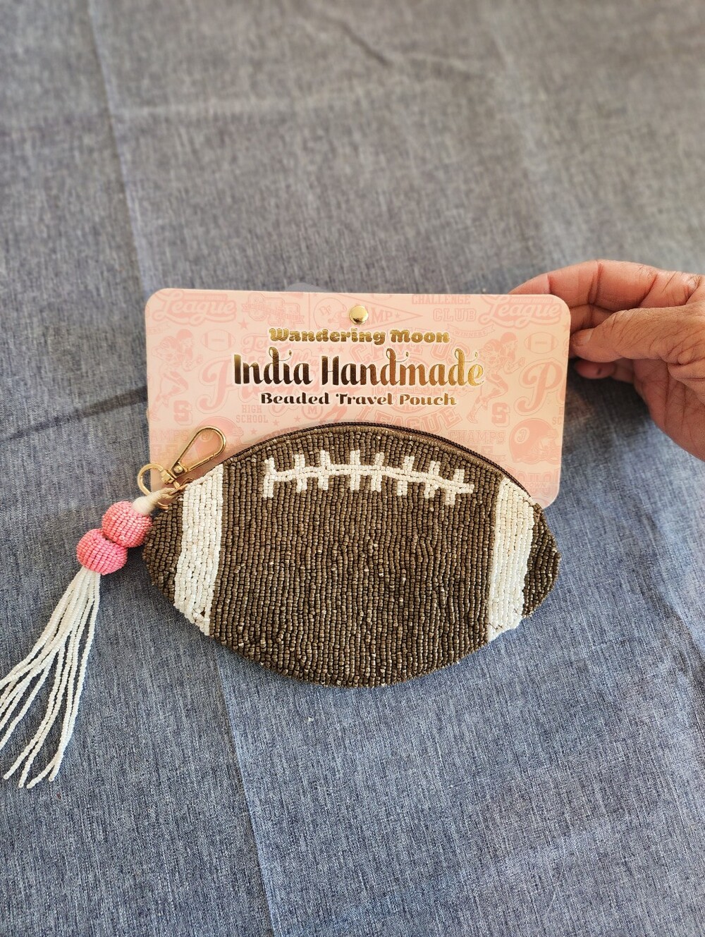 Wandering Moon Handmade In India Brown Beaded Football Travel Pouch NWT